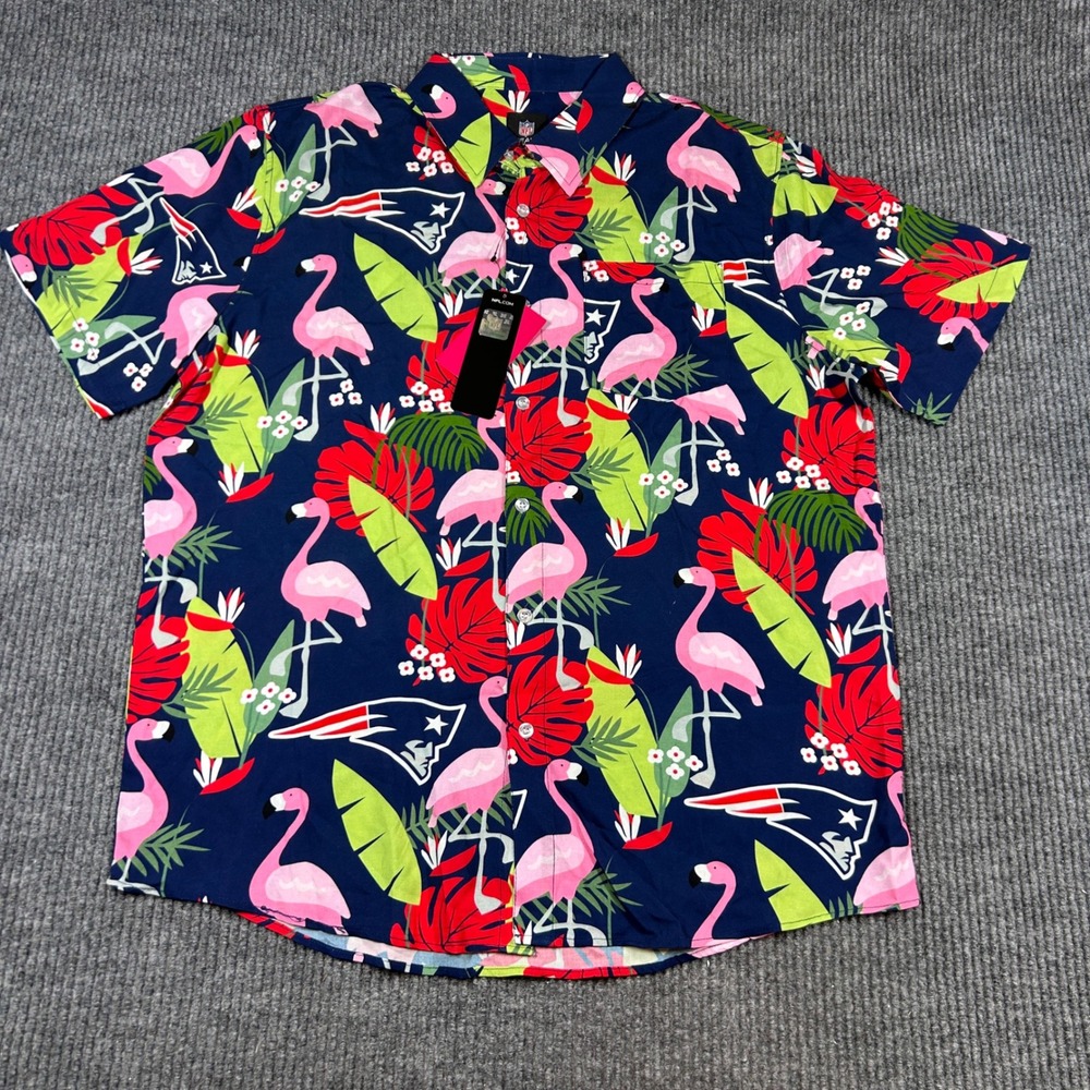 FOCO Shirt Men's L‎ NFL New England Patriots Flamingo Floral Hawaiian Blue